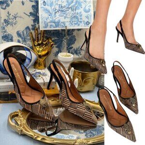 🆕 KURT GEIGER LONDON 🧿 NWOB Belgravia Slingback Heel, Black & Tan Raffia, Sz 6